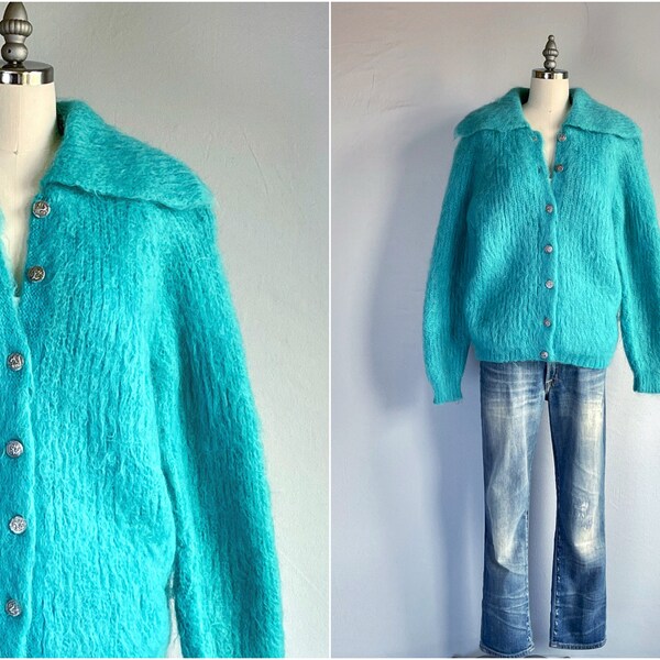 Vintage 50s Mohair Cardigan / 1950s Turquoise Blue Fluffy Wool Sweater with Portrait Shawl Collar / Spring Fashion