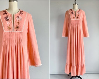 Vintage 70s Gauze Caftan,  1970s Embroidered Peach Coral Cotton Maxi Dress with Lace Trim, Clearance Lounge dress