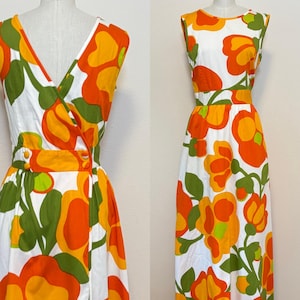 Vintage 70s Malia Wrap Maxi Dress, Mod Orange Poppy Floral Print Long Luau Halter Sundress, Made in Hawaii, Summer Resort Fashion