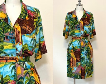 Vintage 80s Nordstrom Shirt and Short Set, 1980s Tropical Novelty Print Top and Shorts, Two Piece Matching Set, Summer Fashion