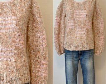 Vintage 80s Hand Knit Wool Sweater, 1980s The Crescent Fluffy Wool Mohair Blend Stripe Pullover, Peach Pink Neutral, Spring Fashion