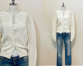 Vintage 80s Ralph Lauren Sweater, 1980s Hand Knit White Cotton Cable Cardigan, Designer Vintage Spring Summer Fashion
