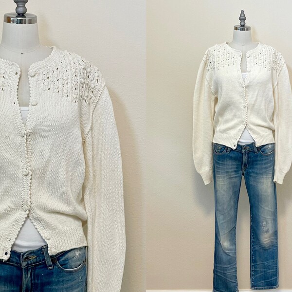 Vintage 80s Ralph Lauren Sweater, 1980s Hand Knit White Cotton Cable Cardigan, Designer Vintage Spring Summer Fashion