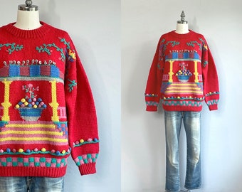 Vintage 80s Hand Embroidered Wool Novelty Sweater / 1980s Sheree Popcorn Oversized Tunic Sweater