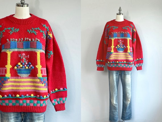 Vintage 80s Hand Embroidered Wool Novelty Sweater… - image 1