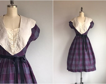 Vintage 50s Dress, 1950s Sheer Plaid Shirt Dress with Wide Portrait Collar / Navy Blue White Patterned Day Dress, Vintage Clearance Sale