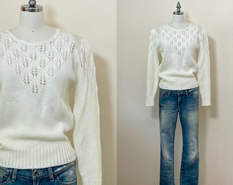 Vintage 80s Sweater, 1980s White Lace Texture Pullover Sweater, Spring Summer Fashion