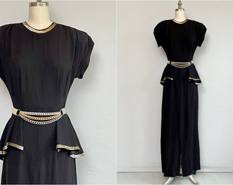 Vintage 1940s Sequin Maxi Dress, 40s Black Rayon Crepe Evening Dress with Peplum Skirt, Gold Sequin Dress