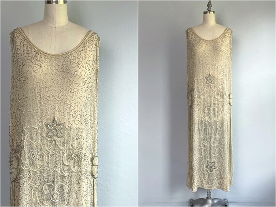 Vintage 1920s Flapper Dress /  20s Off White Bead… - image 1