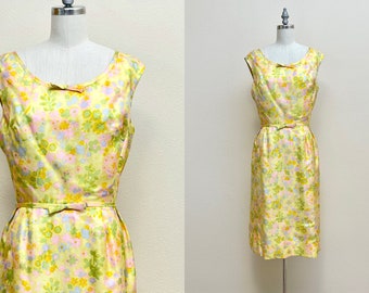Vintage 1960s Ben Barrack Silk Dress, 60s Mod Watercolor Floral Print Silk Sheath Sleeveless Dress, Spring Fashion