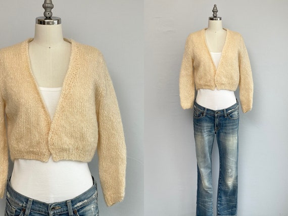 Vintage 50s Mohair Cardigan, 1950s Cream Hand Kni… - image 1