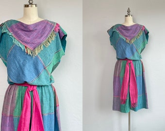 Vintage 1980s Dress, 80s Hand Woven Gauze Plaid Cotton Midi Dress with Fringe Edge, Boho Artsy Spring Dress, Spring Vintage Fashion