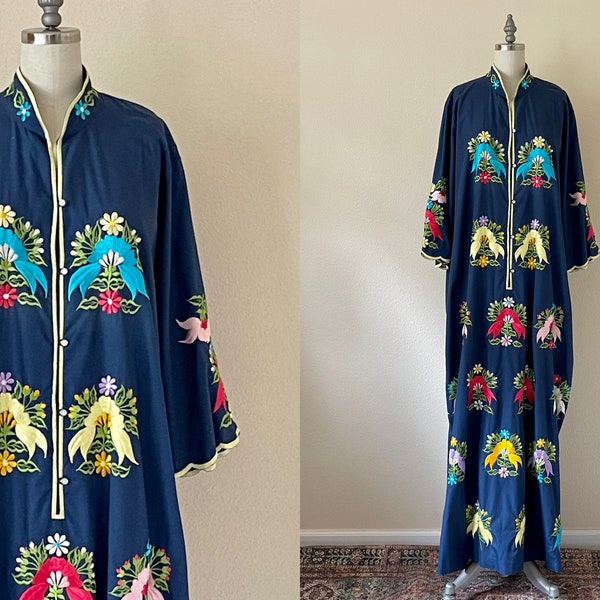 Colourful 1960s Josefa Deep Blue Cotton Caftan Dress w Multi Coloured Ribbns & Hand Embroidery