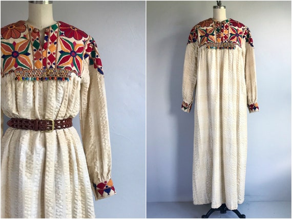 Vintage 1970s Maxi Dress / 70s Cream Cotton Seersu