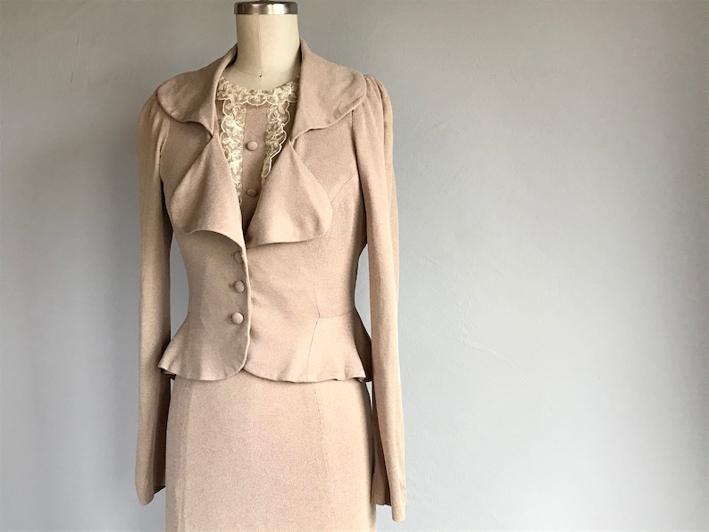 Vintage 70s Young Innocent Maxi Dress Set 1970s Arpeja Tan Jersey Lace Trimmed with Fitted Peplum Jacket 70s does 30s
