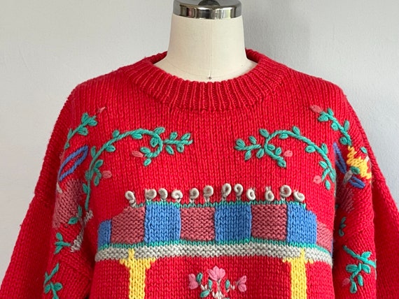 Vintage 80s Hand Embroidered Wool Novelty Sweater… - image 10