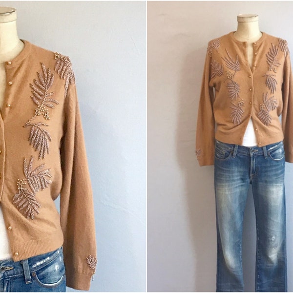 Vintage 60s Beaded Cardigan / 1960s Caramel Butterscotch Wool Sweater with Gold Metallic Beading