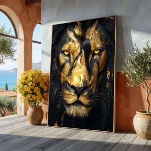Quadro su tela con maestoso leone nero in primo piano, ritratto di animale dipinto in oro, arte murale naturalistica - Grande quadro su tela, pezzo di grande impatto