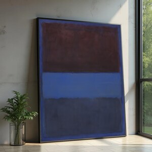May include: A large rectangular canvas painting featuring three distinct horizontal colour blocks. The top section is a deep dark brown, the middle is a vibrant royal blue, and the bottom section is a muted dark navy blue, all framed in black.