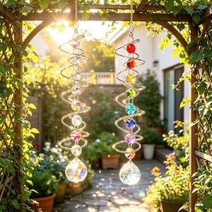 Puede incluir: Dos móviles decorativos con marcos metálicos en espiral y cuentas de cristal de colores. Cada móvil presenta un gran cristal facetado en la parte inferior. Los móviles cuelgan de un enrejado de madera en un jardín.