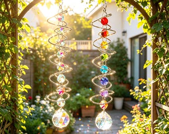 Campana de viento de cristal en espiral con amatista, aguamarina, cuarzo rosa, creador de arcoíris y atrapasoles.