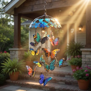 May include: A decorative wind chime with butterfly ornaments. The wind chime has a blue and clear glass top and is suspended by chains. The butterflies are in shades of blue, orange, yellow, and green.