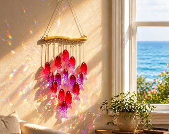 Campanillas de viento de cristal de estilo costero con formas de peces, conchas y estrellas de mar, ideales para jardines, patios y decoración con temática playera.