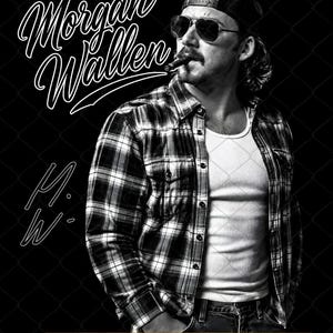 Puede incluir: Un gráfico en blanco y negro de Morgan Wallen con una camisa de cuadros sobre una camiseta blanca, gorra de béisbol y gafas de sol mientras sostiene un cigarro. El texto Morgan Wallen y las iniciales M.W. aparecen en una fuente cursiva blanca.