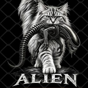 May include: A black and white graphic illustration of a fluffy tabby cat carrying a xenomorph creature in its mouth. The word ALIEN is printed in a distressed white font below the cat, with the text PNG File, Transparent Background below.