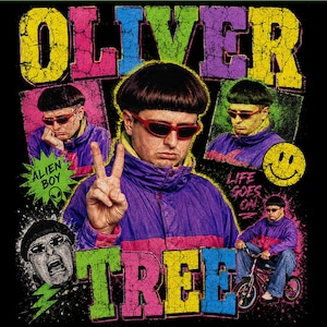 May include: A digital graphic featuring Oliver Tree with a bowl cut and red sunglasses, wearing a purple jacket. The design includes the text OLIVER TREE, ALIEN BOY, and LIFE GOES ON, alongside a yellow smiley face and a person riding a small bicycle.