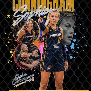 Puede incluir: Un gráfico digital que muestra a la jugadora de baloncesto Sophie Cunningham con una camiseta azul marino de Phoenix Mercury con el número 8. El diseño incluye varias fotos de acción, el texto CUNNINGHAM, Sophie y Phoenix Mercury, sobre un fondo de valla de malla negra con salpicaduras de pintura de colores.
