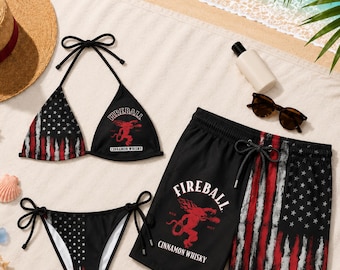 Patriotic Couple Swimwear, Fireball American Flag Matching Bikini & Men's Swim Shorts, His and Hers 4th of July Swimsuit Set