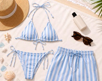 Blue Gingham Matching Couple Swimwear, Checkered Bikini and Swim Trunks Set, Beach Vacation Outfit, Honeymoon Swimsuits, Gift for Couples