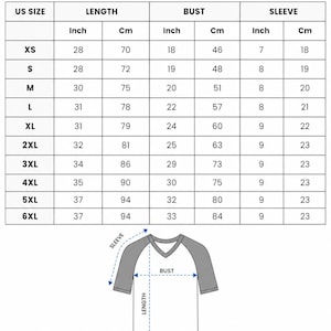 May include: A size chart for a V-neck t-shirt with a diagram showing length, bust, and sleeve measurements. The table lists US sizes from XS to 6XL with corresponding dimensions in inches and centimeters. Text includes T-SHIRT V-NECK 3D.