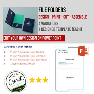 Può includere: Un modello digitale per cartelle con quattro varianti, inclusi formati da 9 per 12 pollici e 12,125 per 19 pollici. Il design include il testo FILE FOLDERS, DESIGN - PRINT - CUT - ASSEMBLE e EDIT YOUR OWN DESIGN ON POWERPOINT.