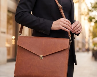 15 Inch Slim Messenger Sleeve, Full Grain Briefcase, Minimalist Work Satchel Gift for Him