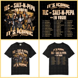 May include: A black short-sleeve t-shirt featuring a graphic print of the musical groups TLC, Salt-N-Pepa, and En Vogue on the front with the text It's Iconic The Tour. The back displays the tour schedule with a list of cities and dates.