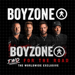 May include: Image of the band Boyzone with the text "BOYZONE" in white block letters at the top. Below the band members, the text "TWO FOR THE ROAD" is in red. The background is black with a grid pattern.