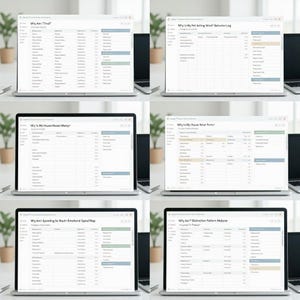 May include: Six laptop screens displaying spreadsheets with titles like "Why Am I Tired?" and "Why Is My House Always Messy?" The screens show data analysis charts with various columns and rows, likely for data tracking or organization.