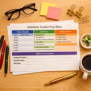May include: A printed Substitute Teacher Prep Sheet document featuring sections for Class Schedule, Sub Plans, Student Notes, and Additional Information. The form includes columns for time, subjects, and specific notes, organized with blue, green, and orange headers.