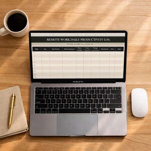 May include: A MacBook Pro laptop displaying a "Remote Work Daily Productivity Log" on the screen, with a coffee cup, a notebook, a pen, and a mouse on a wooden surface. The laptop is open, and the screen shows a table with columns for tracking tasks and time.