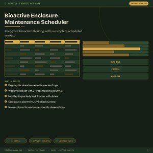 May include: A digital document titled "Bioactive Enclosure Maintenance Scheduler" with a dark green background. The document includes a table, text, and buttons for Excel, Google Sheets, and LibreOffice. The text includes "Registry for 4 enclosures", "Weekly checklist", and "Monthly & quarterly task tracker".