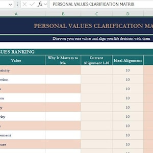 Può includere: Un foglio di calcolo intitolato "PERSONAL VALUES CLARIFICATION MATRIX" con un'intestazione blu scuro. Il foglio di calcolo include colonne per "Valore", "Perché è importante per me", "Allineamento attuale", "Allineamento ideale" e "Gap".