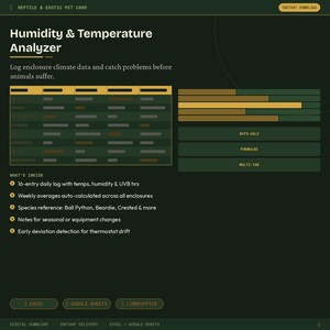 Puede incluir: Gráfico verde oscuro con el título "Analizador de humedad y temperatura" para el cuidado de reptiles y mascotas exóticas. La imagen incluye una tabla de datos, un gráfico y texto que describe características como un registro diario de 16 entradas.