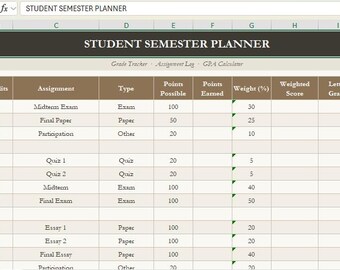 Studenten-Semesterplaner, Notenübersicht, Hausaufgabenheft (Digitaler Download)