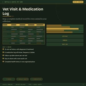 Veterinärbesök och medicineringslogg för reptiler | Kalkylblad för hälsojournaler för exotiska djur | Digital nedladdning