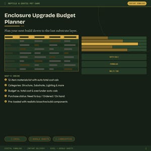 May include: A digital planner for reptile and exotic pet enclosure upgrades. The green and gold design features a detailed materials list, budget tracking, and purchase status. Includes options for Excel, Google Sheets, and LibreOffice. Text on the image reads "Enclosure Upgrade Budget Planner."