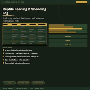 Puede incluir: Un registro digital de alimentación y muda de reptiles con fondo verde oscuro. Se muestra el título "Reptile Feeding & Shedding Log". Incluye un registro de alimentación de 16 entradas, un rastreador de muda y datos calculados automáticamente. Compatible con Excel, Google Sheets y LibreOffice.