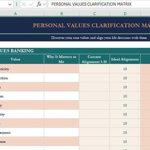 May include: A spreadsheet titled "PERSONAL VALUES CLARIFICATION MATRIX" with a dark blue header. The spreadsheet includes columns for "Value," "Why It Matters to Me," "Current Alignment," "Ideal Alignment," and "Gap."