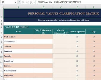 Persönliche Werte Erklärungs-Matrix | Digitaler Download XLSX